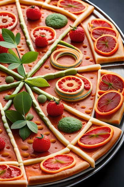 A pizza with a slice of fruit on it