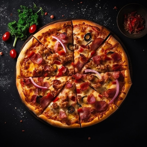 A pizza with a slice of meat, onions, and tomatoes on a black background.