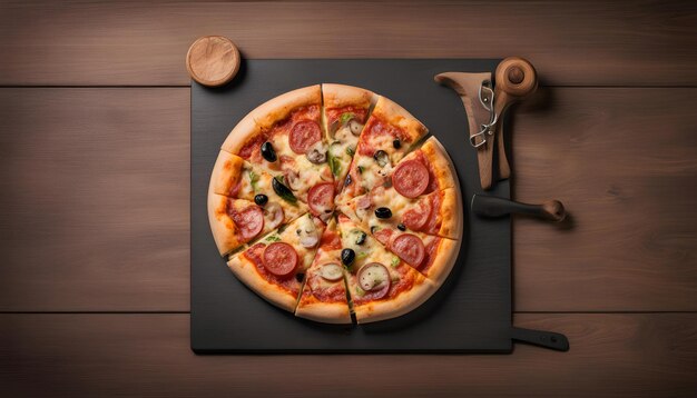 a pizza with a slice missing sits on a cutting board