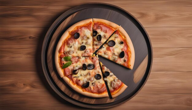 a pizza with a slice missing sits on a pan