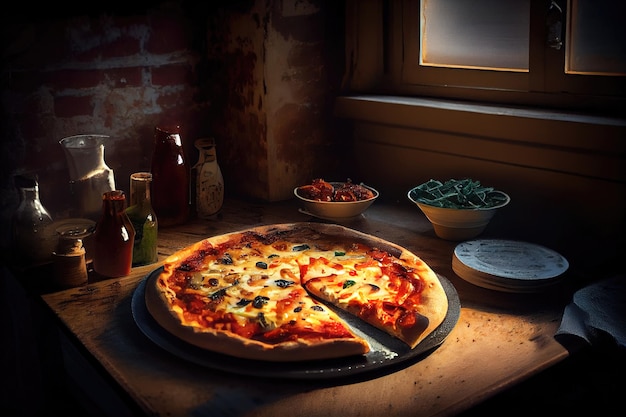 Photo a pizza with a slice missing sits on a table next to a window.