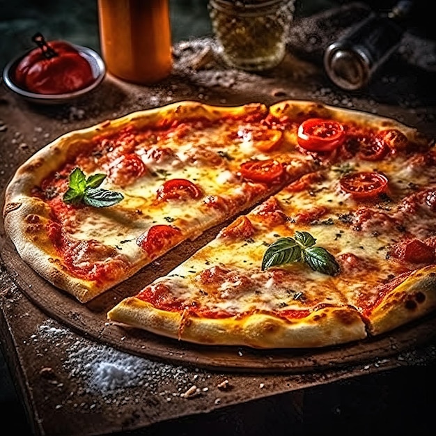 A pizza with a slice missing sits on a table