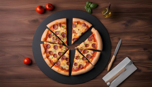 a pizza with a slice missing sits on a wooden table