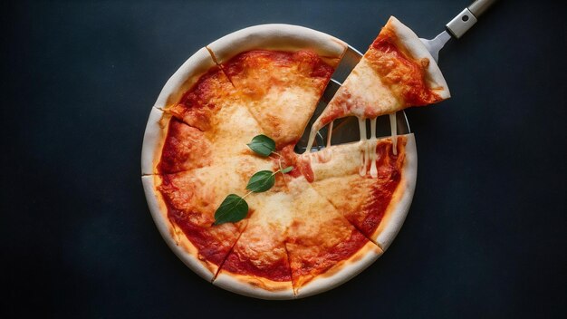 Foto una pizza con una fetta di pizza che si sta sciogliendo su di essa