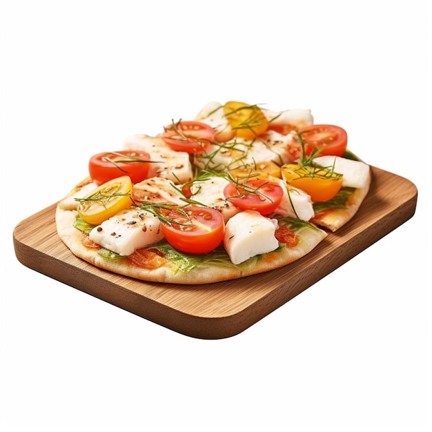 A pizza with a slice of tomato and scallops on it