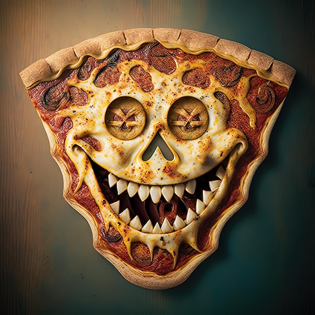 A pizza with a smile on it is on a wall.