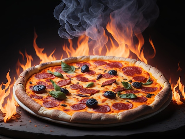 Pizza with smoke and fire effects in the background AI generated