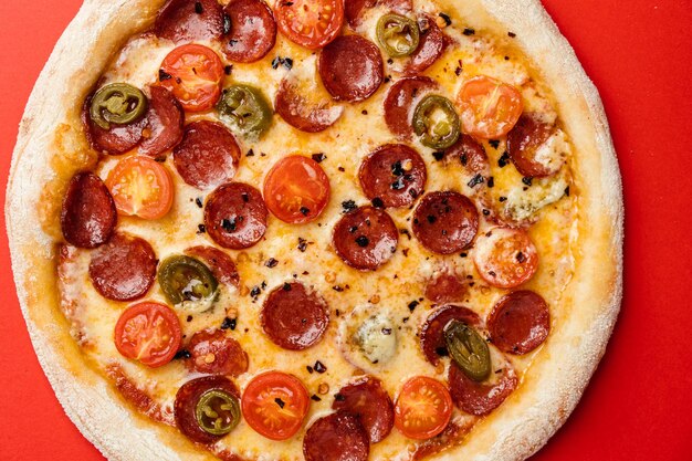 Pizza with smoked sausage cherry tomatoes dried chilli jalapeno peppers and mozzarella Red background Top view Copy space