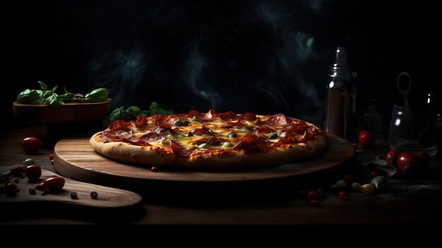 A pizza with a smokey background