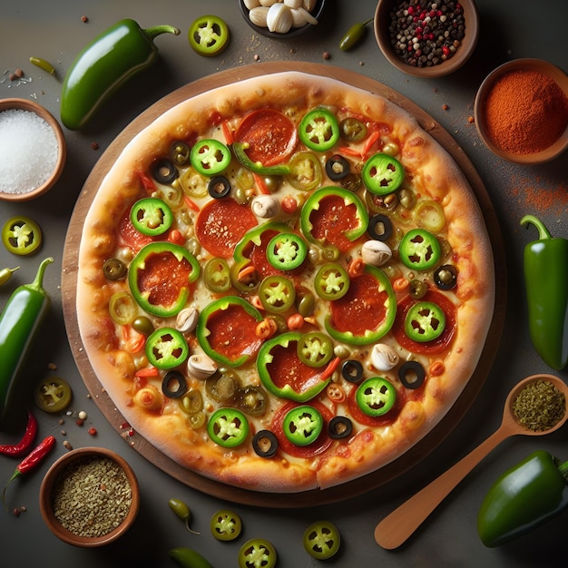 Photo a pizza with a spicy jalapeo kick with savory toppings for a flavor fiesta