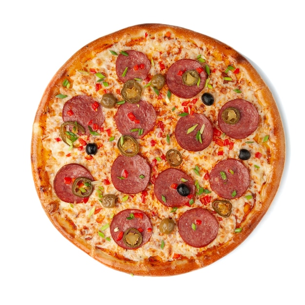 Pizza with spicy sauce. As part of salami, cholapeno pepper, mozzarella cheese. View from above. White background. Isolated.