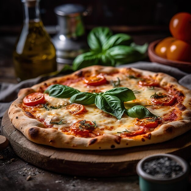 A pizza with tomato sauce and basil on it