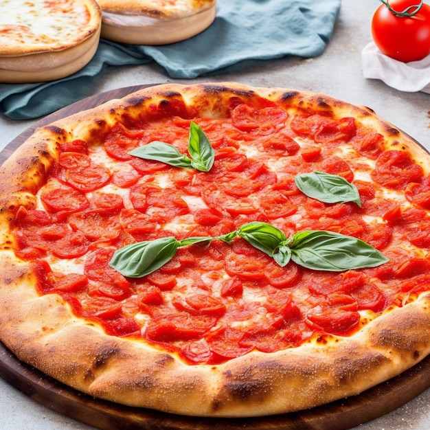 A pizza with tomato sauce and basil on it