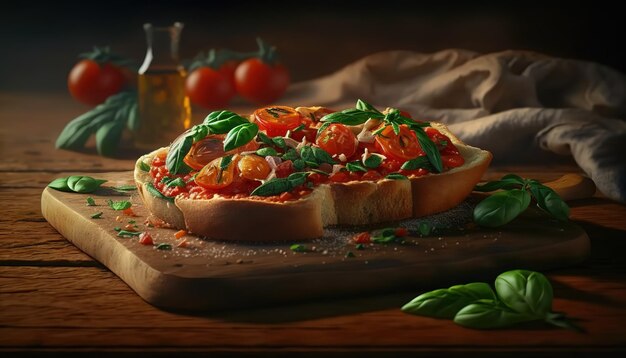 A pizza with tomatoes and basil on a cutting board.