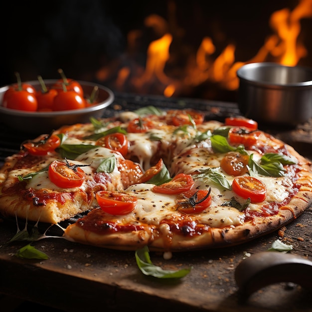 A pizza with tomatoes and basil on it sits on a stove.