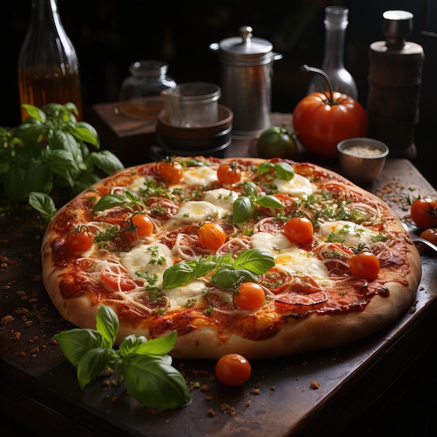 пицца с помидорами и базиликом лежит на столе
