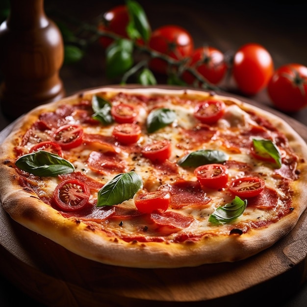 A pizza with tomatoes and basil on it sits on a wooden table.