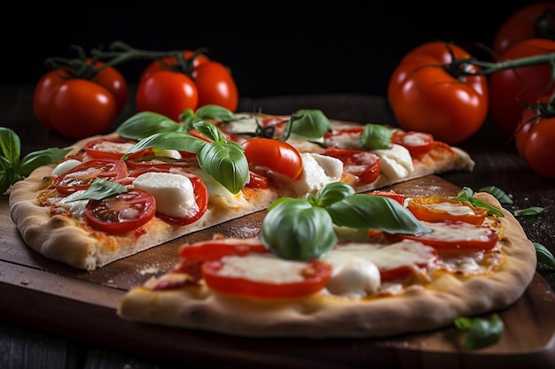 A pizza with tomatoes and basil on it