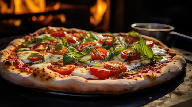 a pizza with tomatoes and basil on it