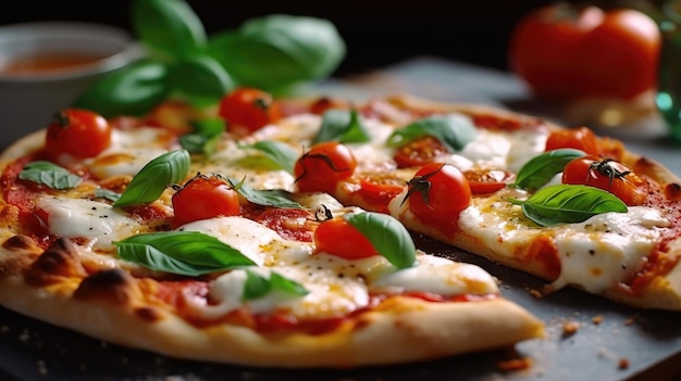 A pizza with tomatoes and basil on it