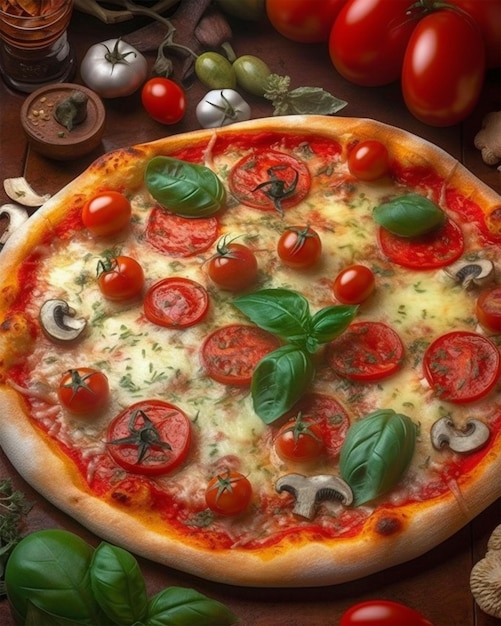 A pizza with tomatoes and basil on it