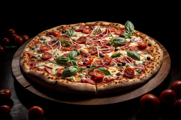 Pizza with tomatoes basil and meat on wooden tray