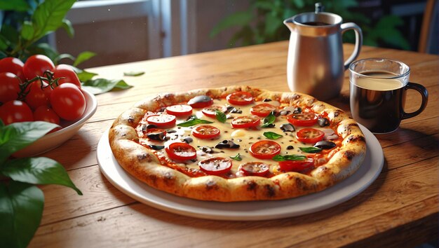 A pizza with tomatoes and basil on a plate