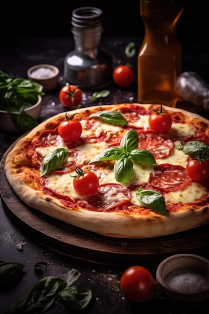 a pizza with tomatoes and basil on top