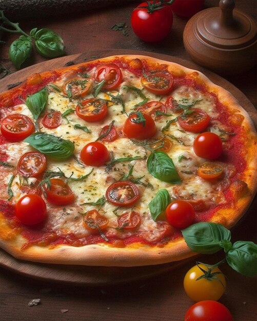 A pizza with tomatoes and basil on top