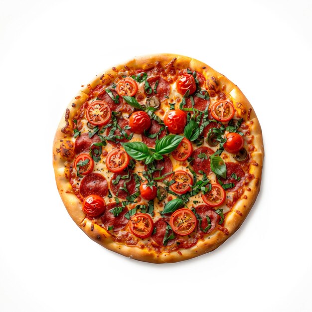 Pizza With Tomatoes and Basil on White Background Generative AI