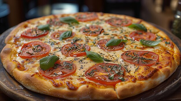 a pizza with tomatoes and basil on a wooden cutting board