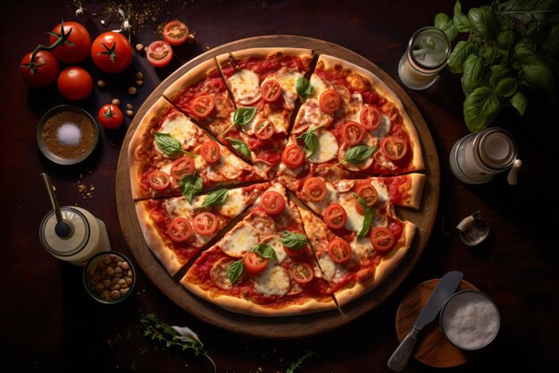 A pizza with tomatoes and basil on a wooden table