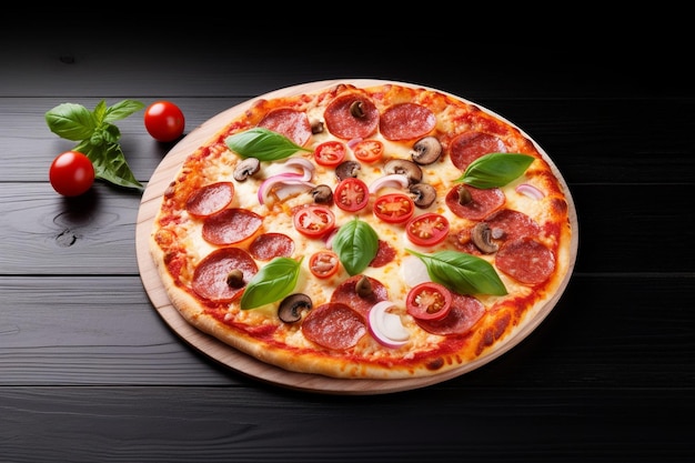 Pizza with tomatoes and basil on a wooden table