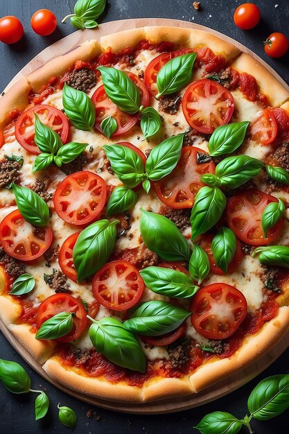 A pizza with tomatoes basil