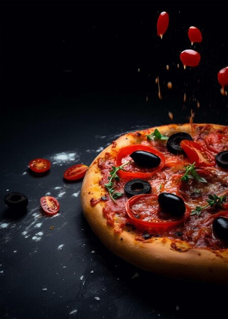 A pizza with tomatoes and black olives is being poured into the air.