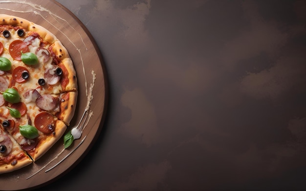 Pizza with tomatoes cheese and basil on copy space brown background