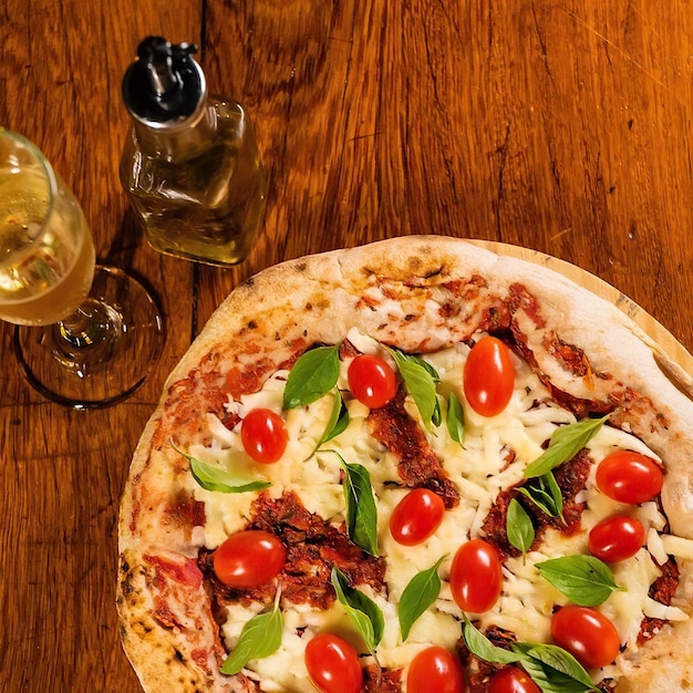 A pizza with tomatoes and cheese on it and a glass of wine on a table.