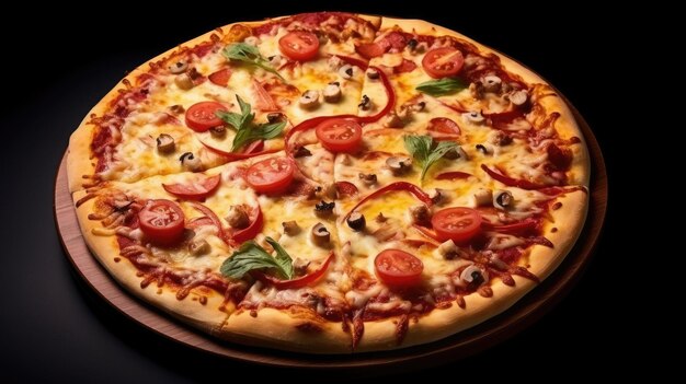 A pizza with tomatoes and olives on a black background.