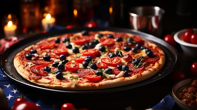 A pizza with tomatoes and olives on a pan with a fire in the background