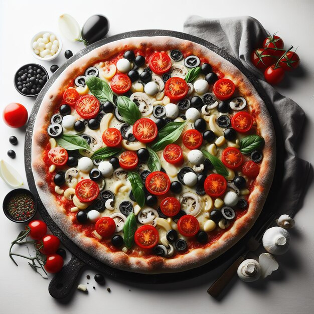 Photo a pizza with tomatoes tomatoes and other ingredients
