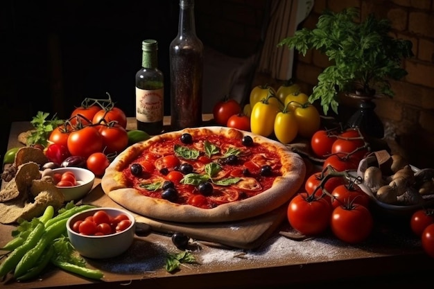 Pizza with various ingridients on the table