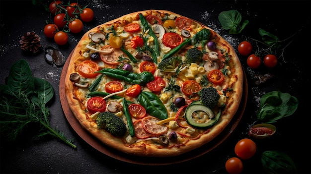 A pizza with vegetables on it