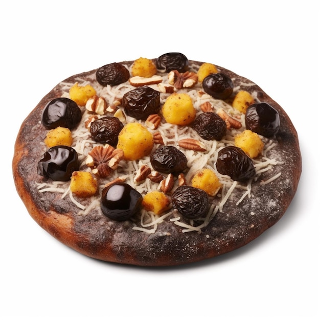 A pizza with a white background and a black topping on it