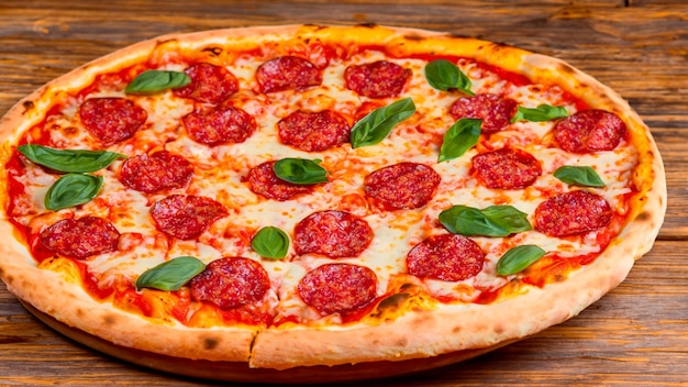 Pizza on a wood table