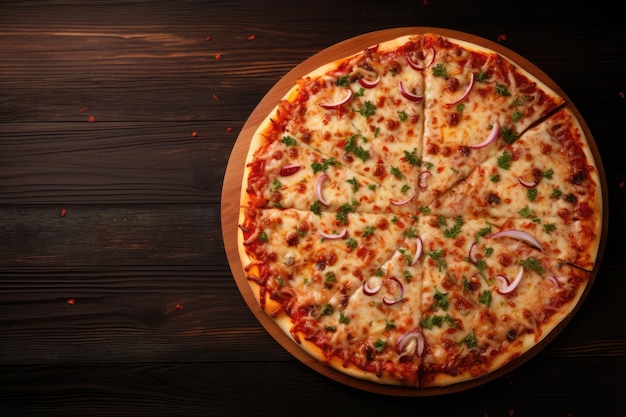 Pizza on a wooden background Top view with copy space