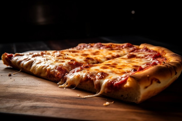 A pizza on a wooden board with a slice taken out of it.