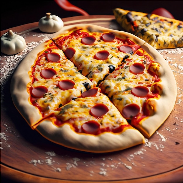 a pizza on the wooden dough the pizza is cheese