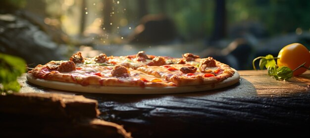 A pizza on a wooden pizza background