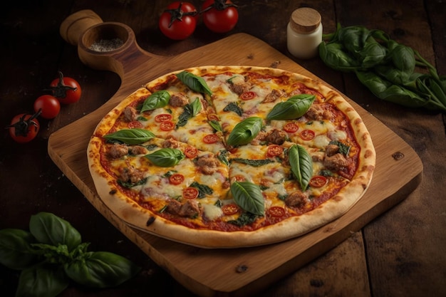 Pizza on a wooden pizza plate with sausage cheese baby corn rocket leaves and roasted red pepper