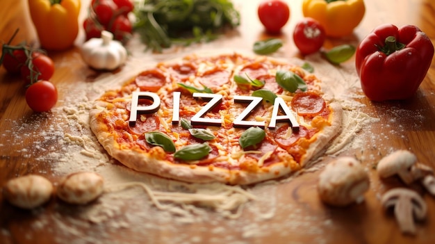나무 테이블에 있는 피자 위에 PIZZA라는 글자가 새겨져 있습니다.